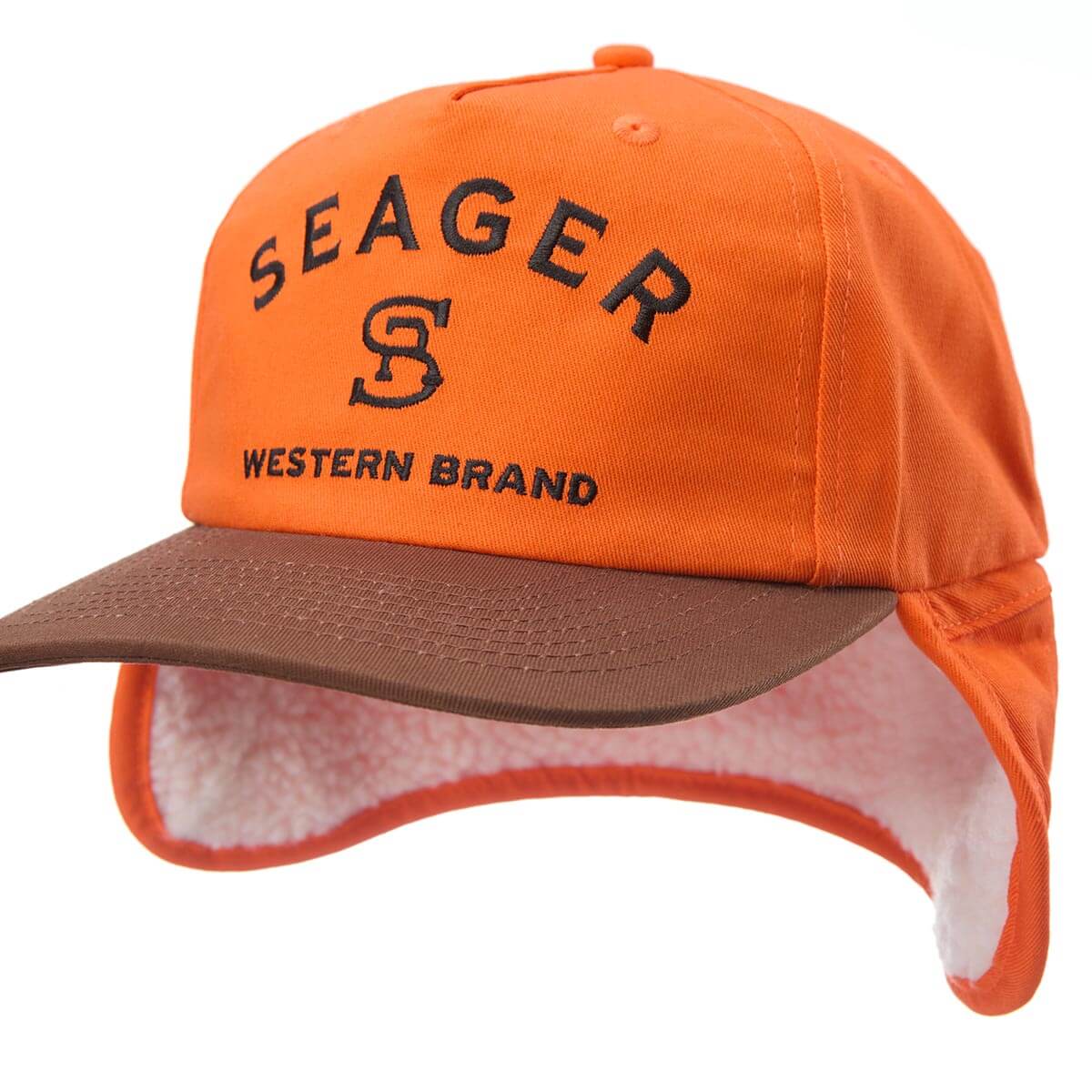 Orange and brown cap with 'Seager Western Brand' text on a white background