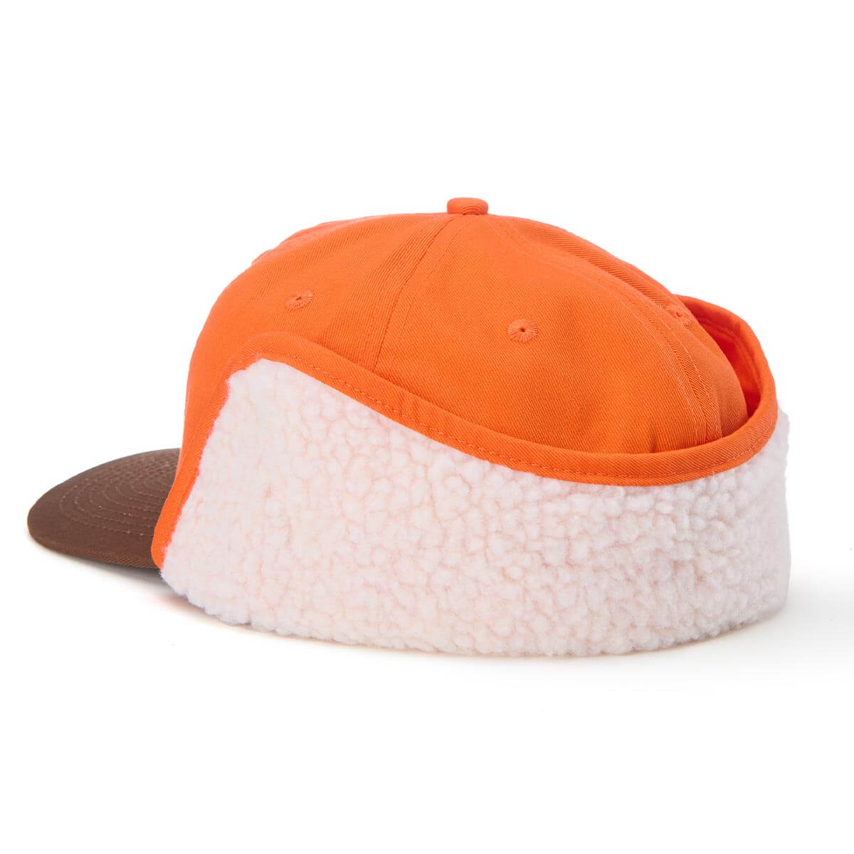 Orange and white sherpa-lined cap on a white background