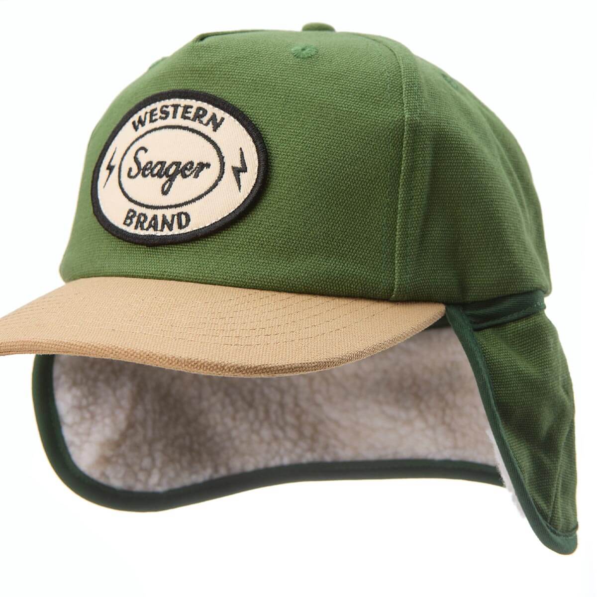Green and beige cap with a 'Western Seager Brand' patch on a white background
