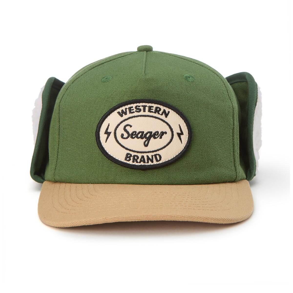 Green and beige cap with 'Western Seager Brand' logo on a white background