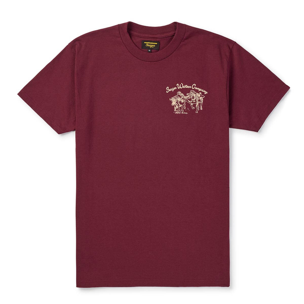 Maroon t-shirt with a logo on the chest against a white background