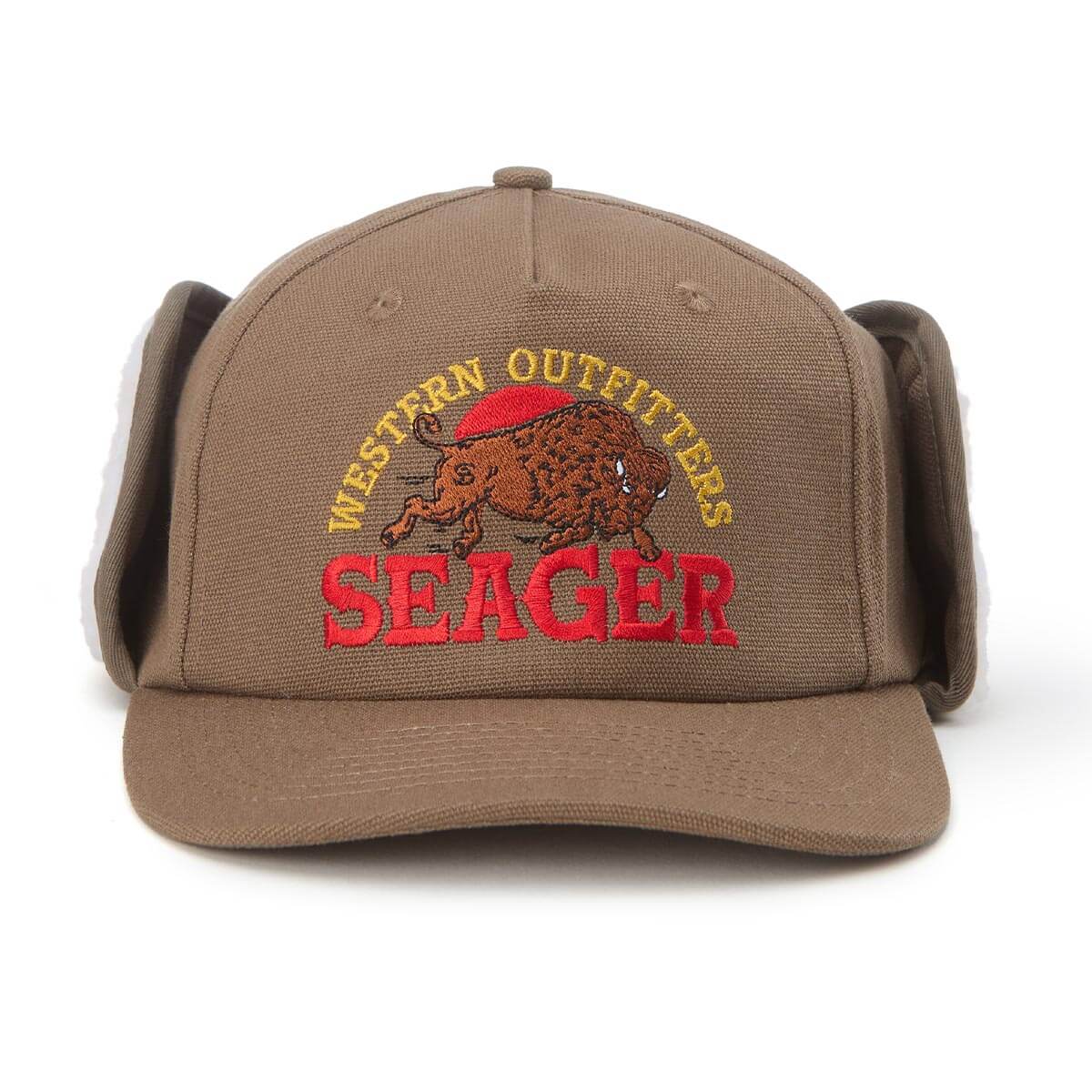 Brown cap with embroidered logo and text on a white background