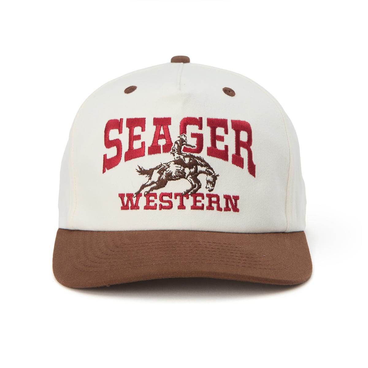 White and brown cap with 'Seager Western' logo on a white background