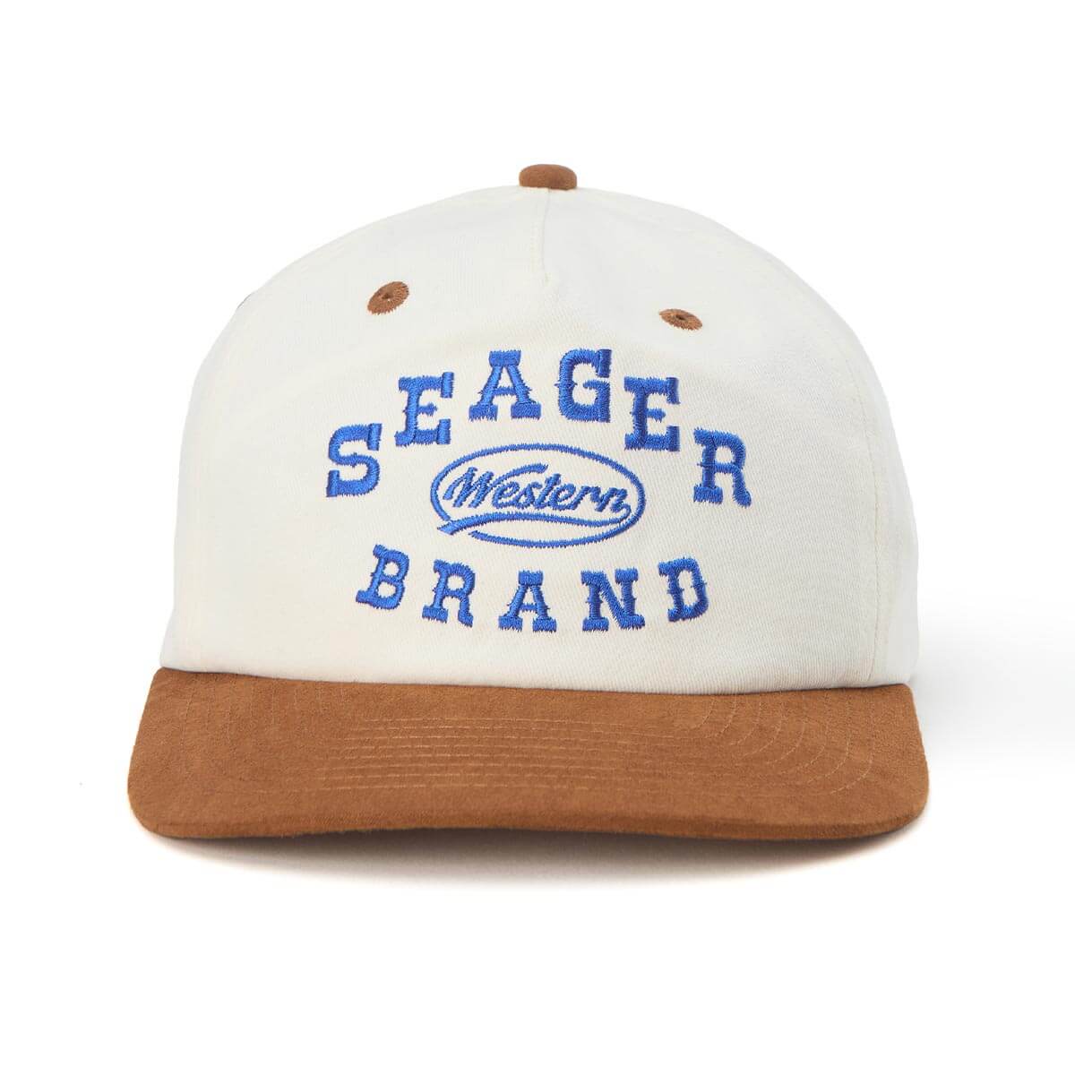White and brown cap with 'Seager Brand' text on a white background
