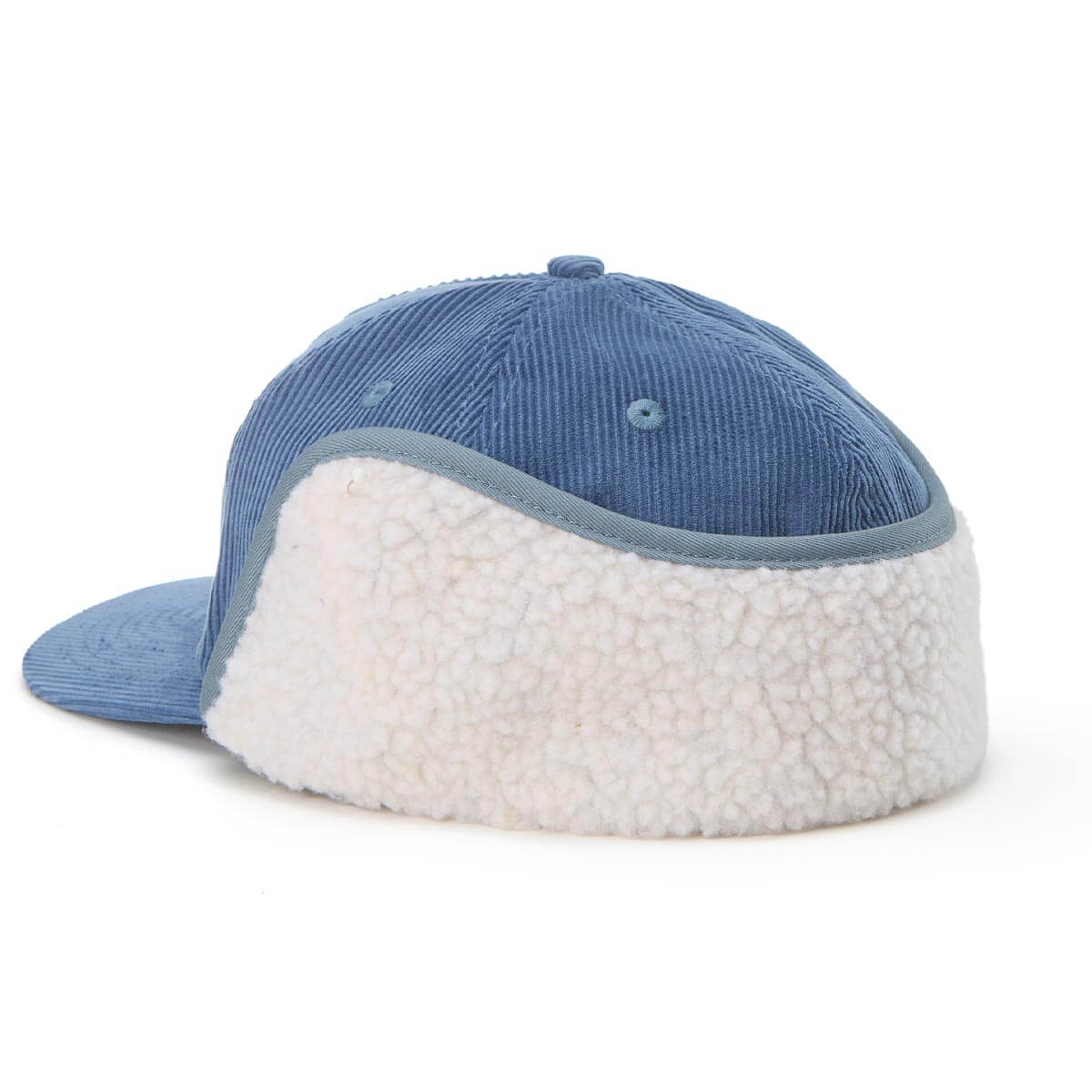 Blue and white sherpa-lined cap on a white background