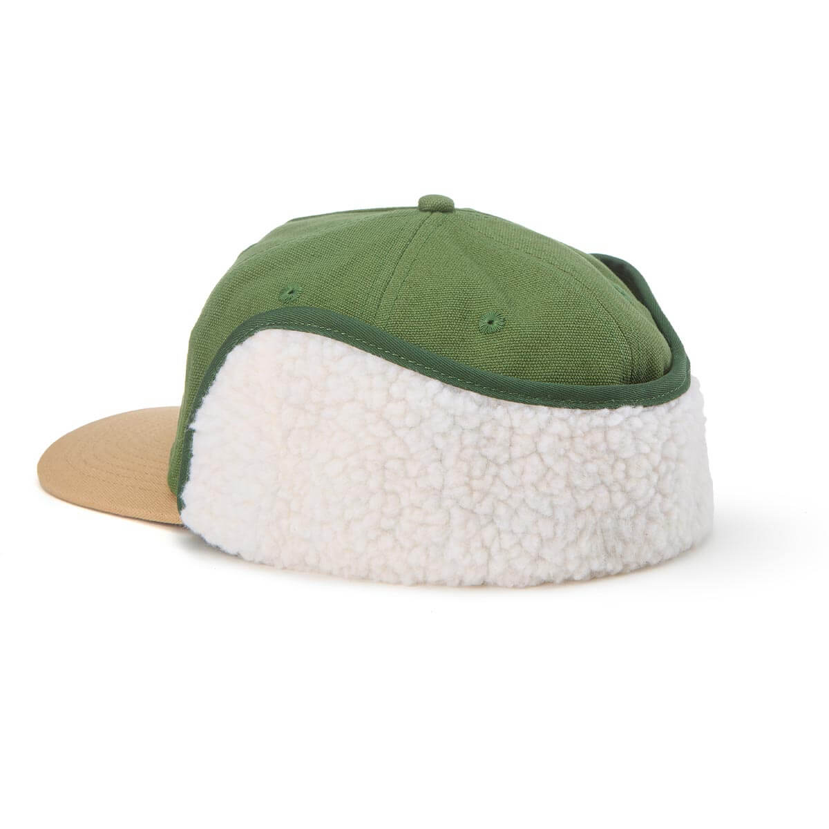 Green and white sherpa-lined cap on a white background