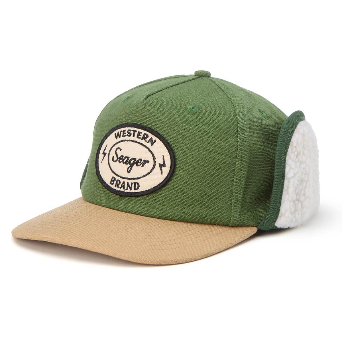 Green and beige cap with a white patch on a white background