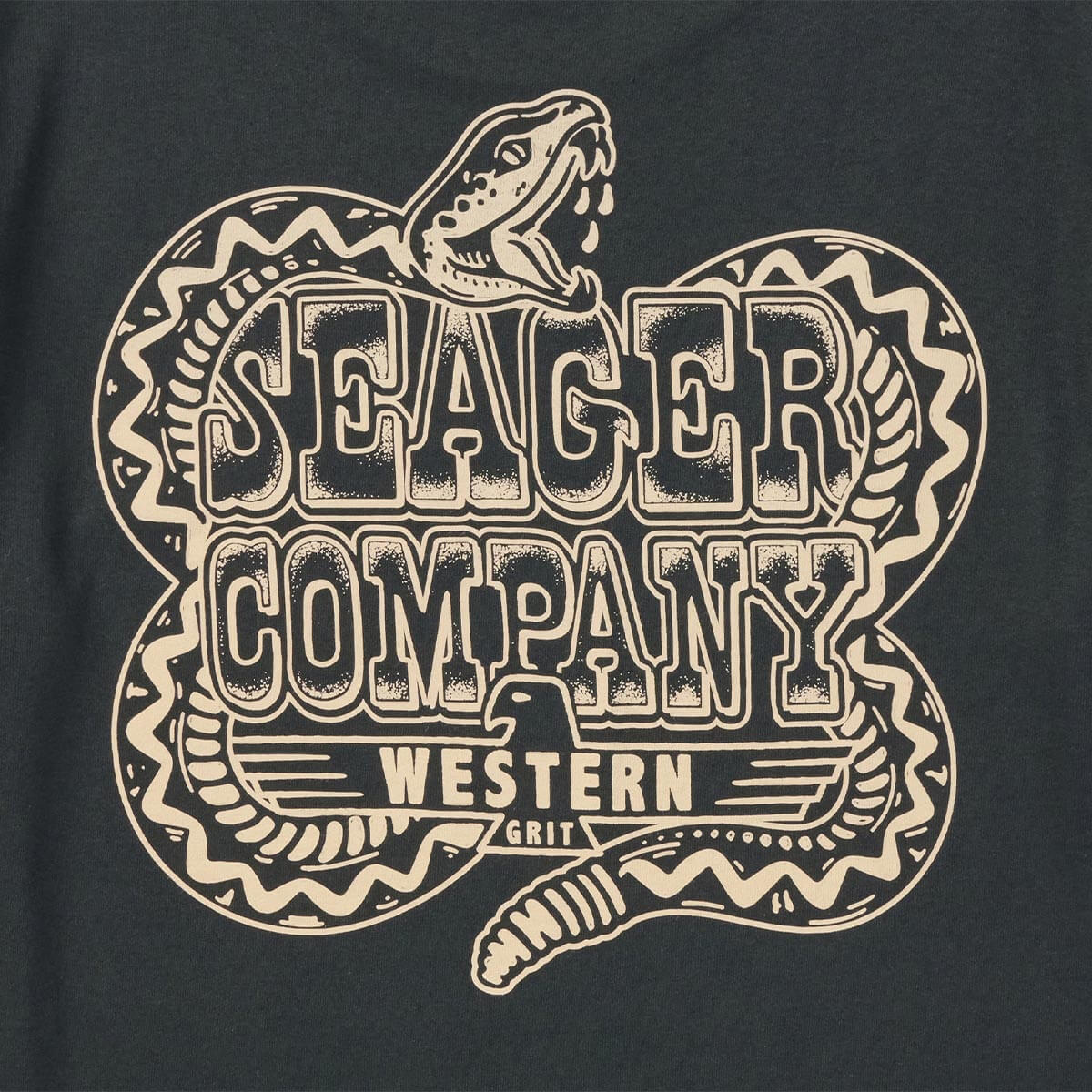 Black t-shirt with beige snake design and 'Seager Company Western Grit' text.