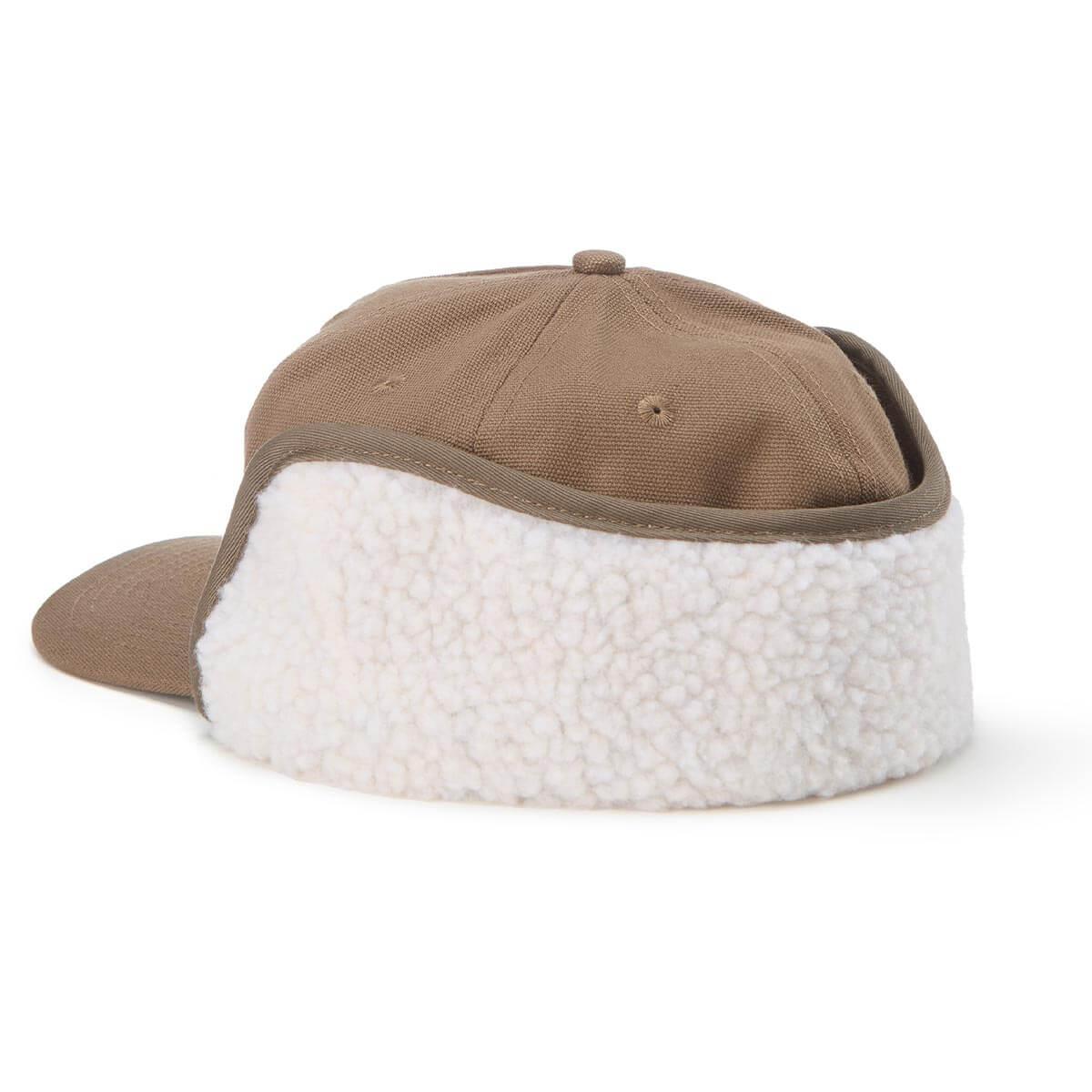 Brown cap with white fleece interior on a white background