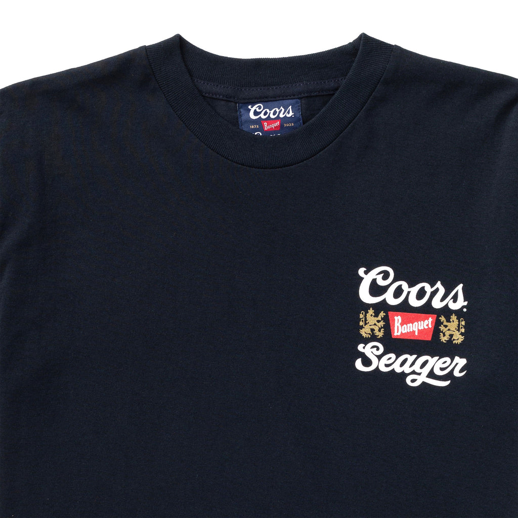 SEAGER X COORS BANQUET CAMP OUT TEE NAVY